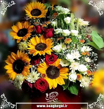 سبد گل خاص و شاد رز هلندی و آفتابگردان